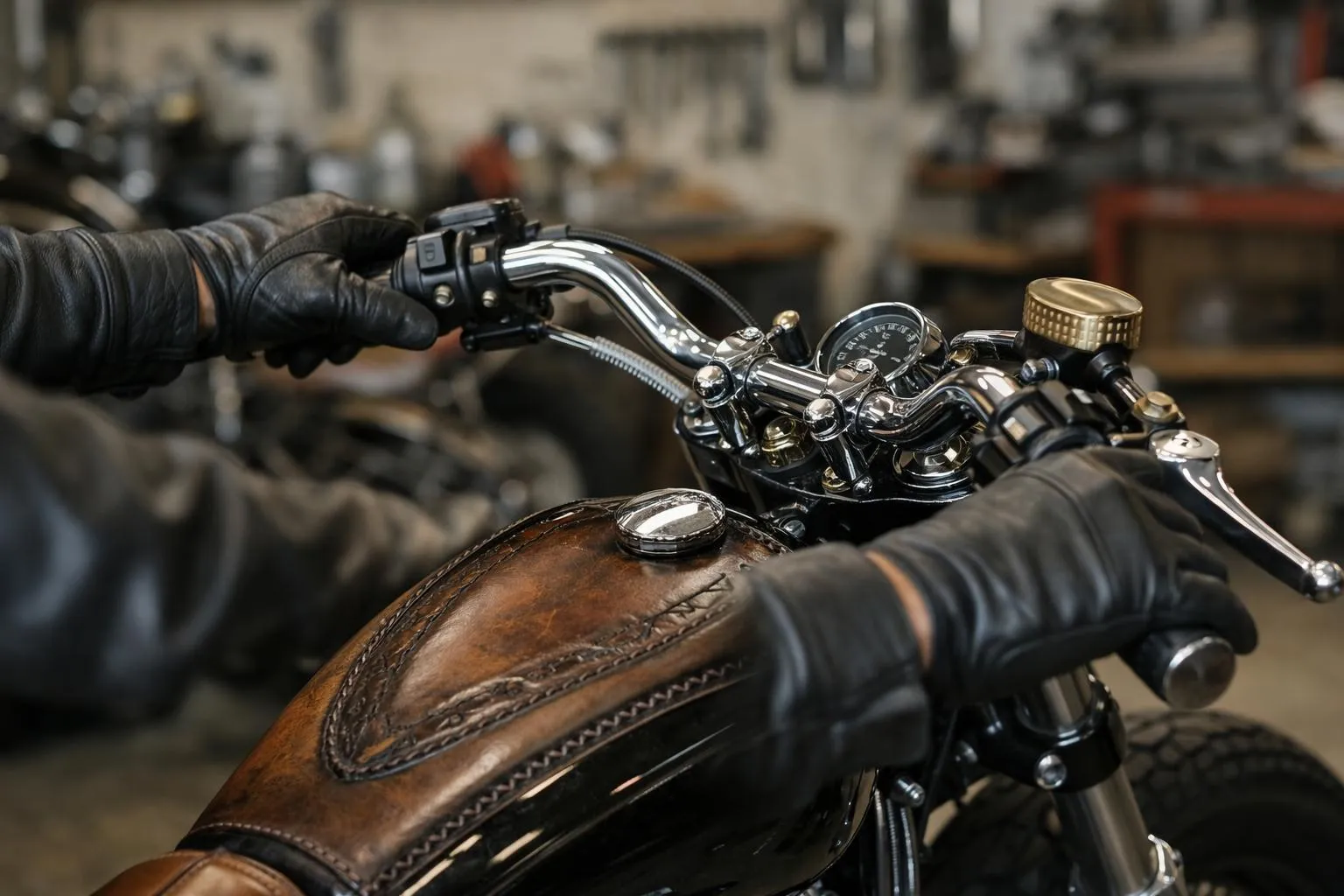 Gros plan sur le guidon d'une moto vintage avec détails chromés.