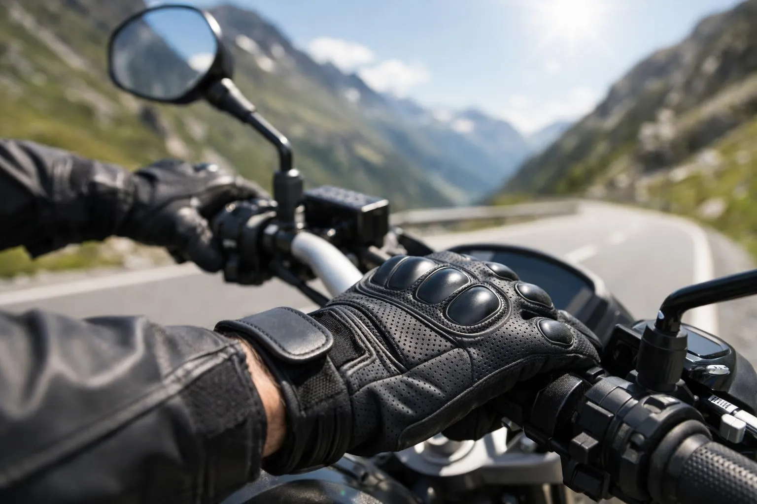 Gants de moto noirs avec protection sur une moto dans un paysage montagneux.