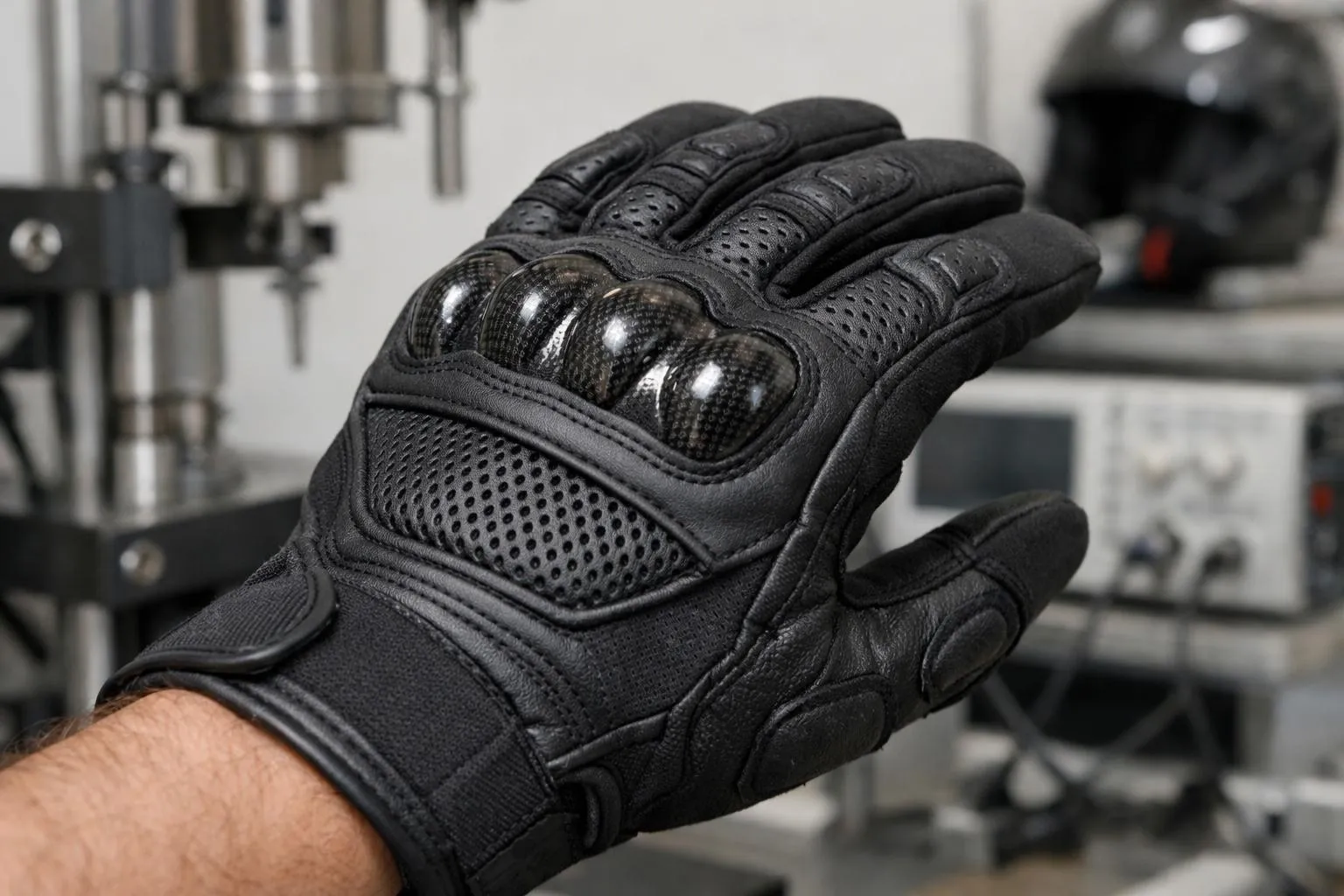 Gants de moto noirs avec protections et perforations.