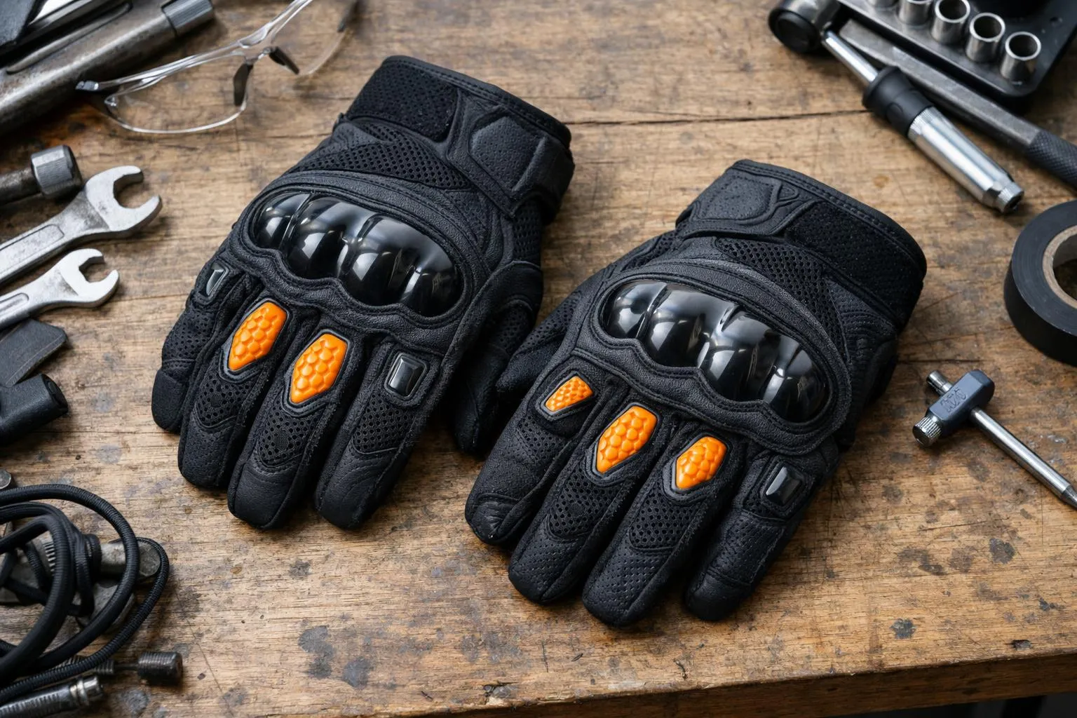 Gants de moto noirs avec protections et détails orange.