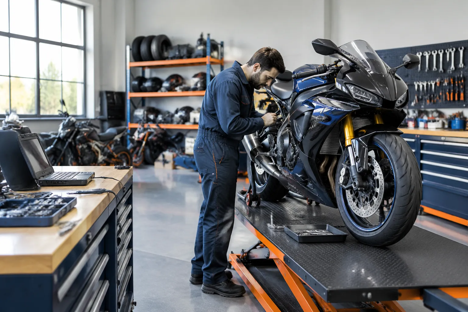 Mécanicien réparant une moto sportive dans un atelier moderne