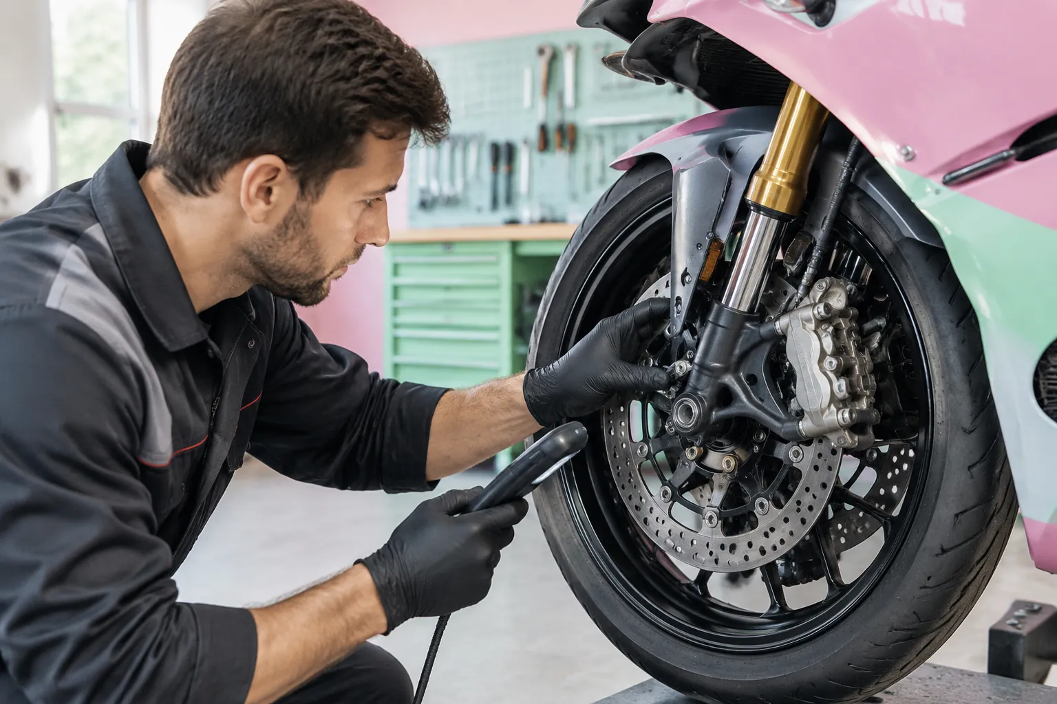 Mécanicien réparant le frein avant d’une moto sportive.
