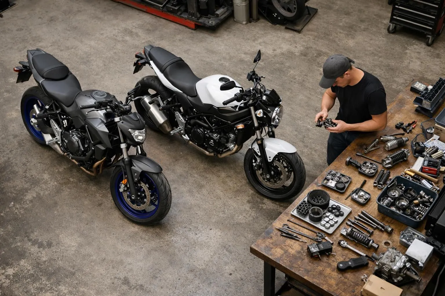 Un atelier de réparation de motos en Suisse avec un mécanicien examinant les coûts d'entretien et les pièces d'un Yamaha MT-07 et d'un Suzuki SV650.