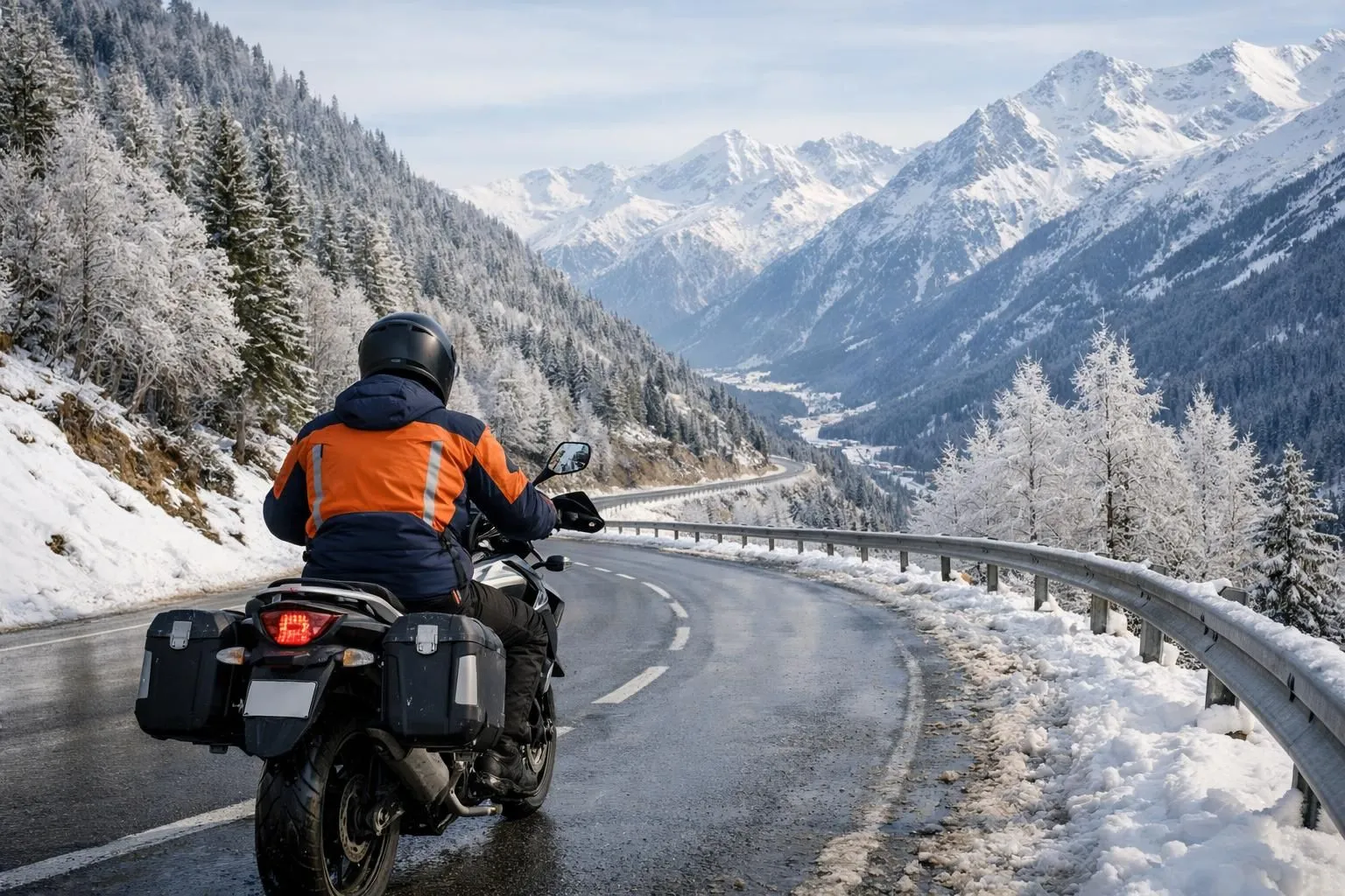 Motocycliste traversant un col alpin suisse enneigé, vêtu d'une veste moto d'hiver, paysage alpin avec arbres givrés et route sinueuse, éclairage hivernal dramatique, style photo réaliste.