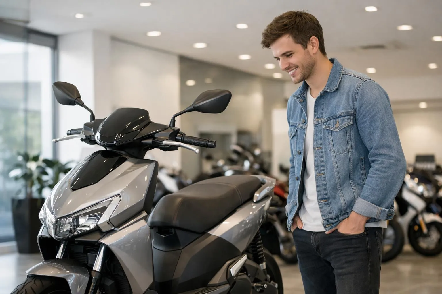 Un homme souriant dans un showroom de motos.