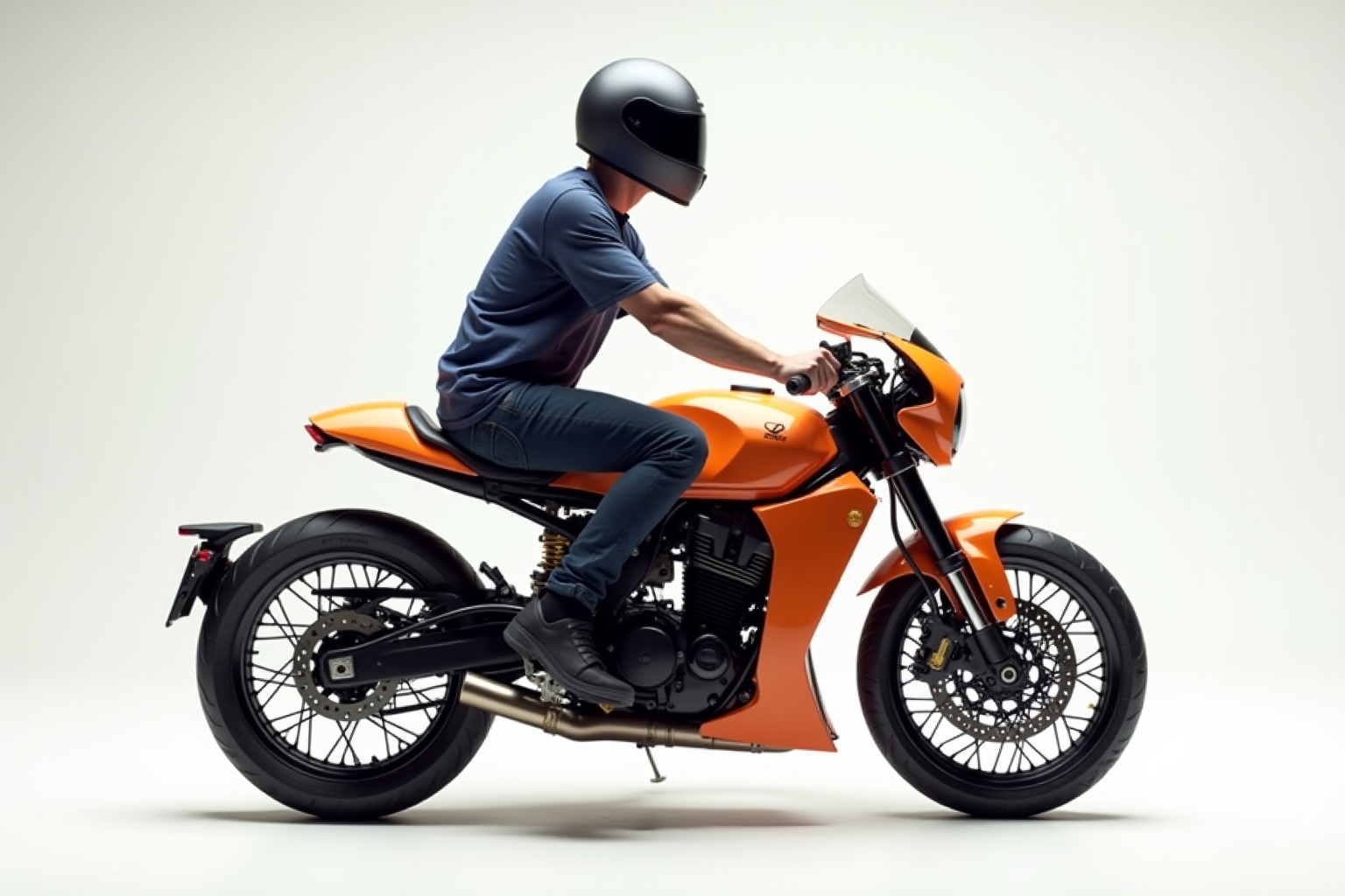 Motocyclette sportive orange avec pilote en casque noir.