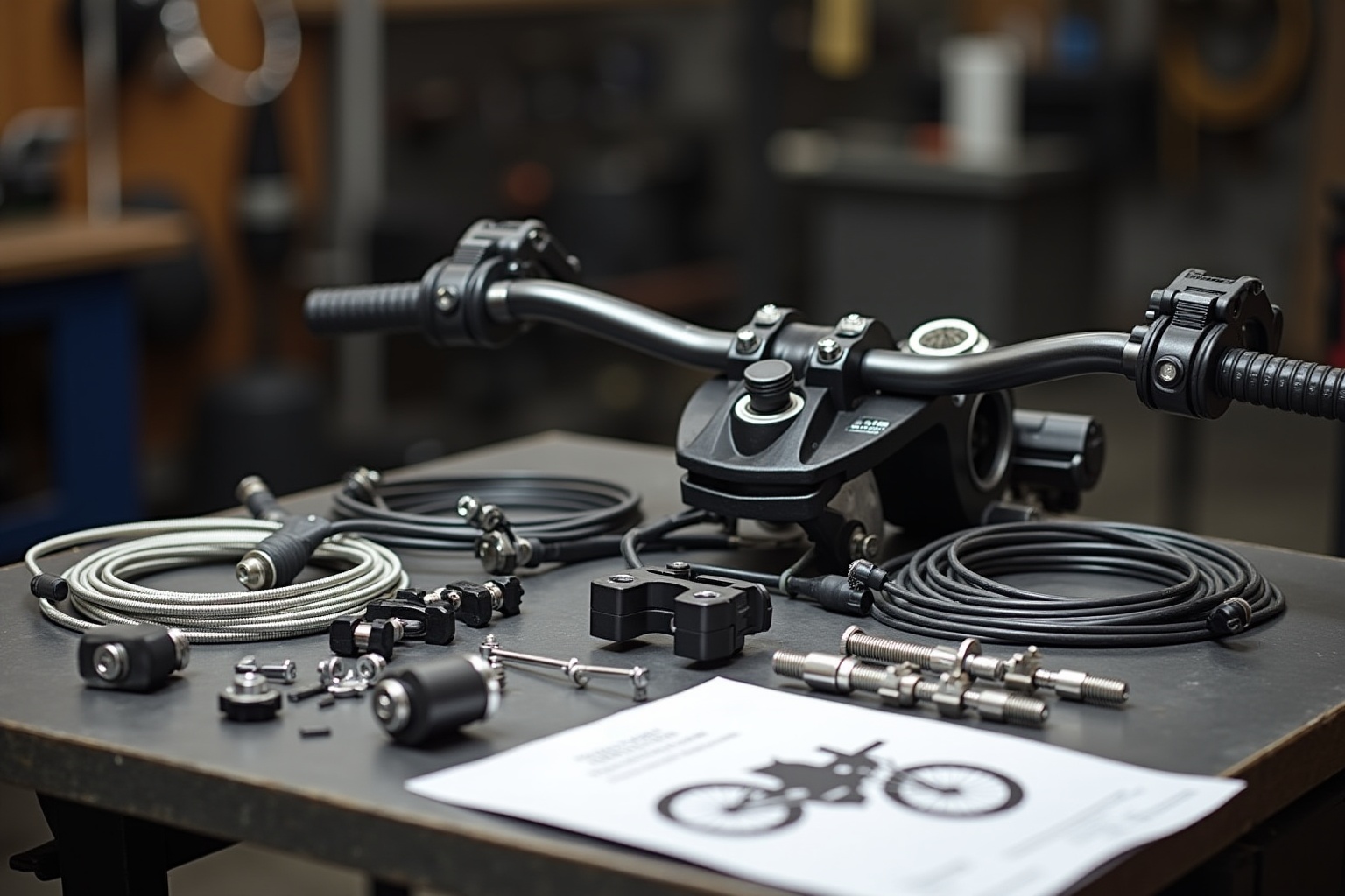 Pièces de rechange et accessoires de moto sur un établi.