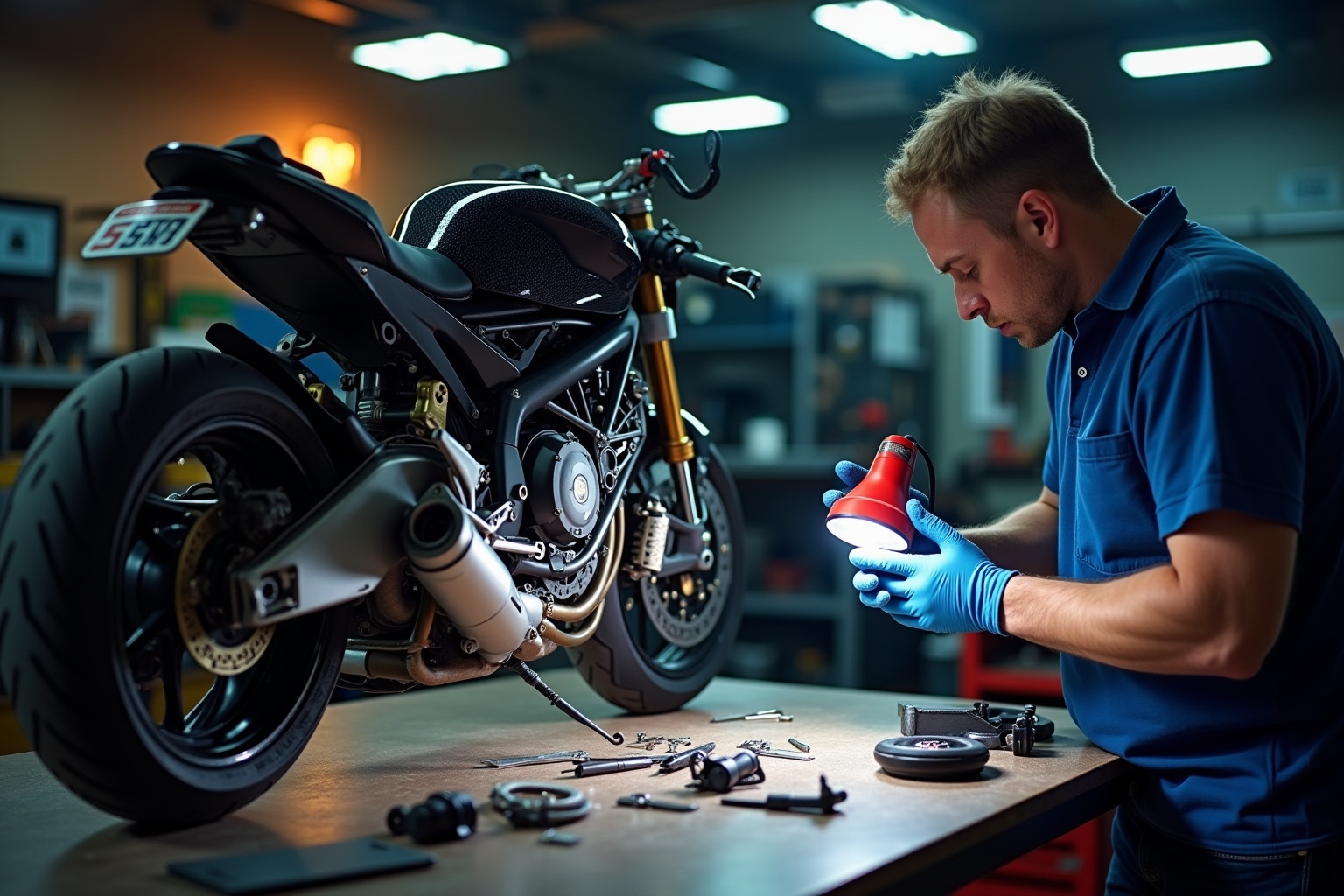 Mécanicien réparant une moto de sport noire dans un atelier.