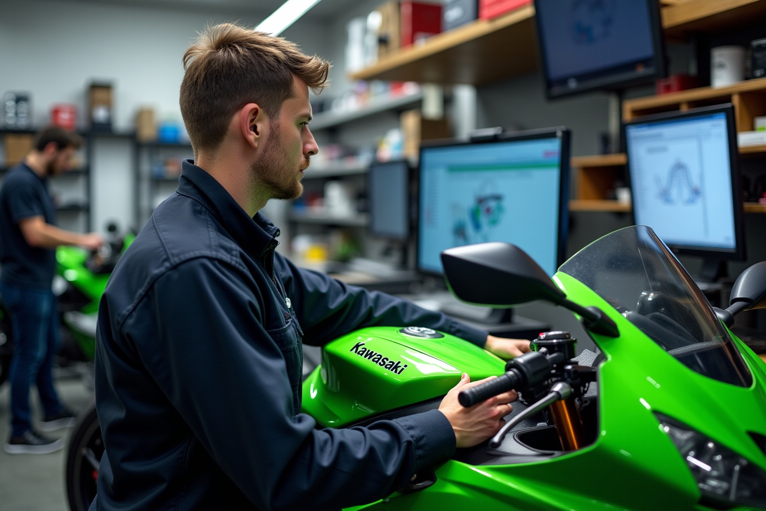 Mécanicien travaillant sur une moto verte Kawasaki dans un atelier.