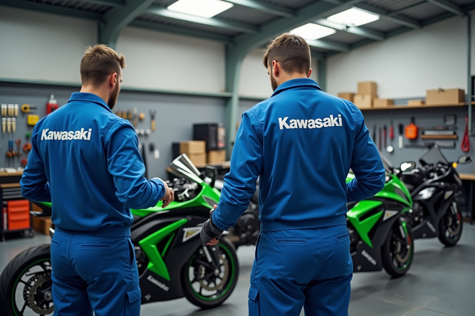 Deux mécaniciens Kawasaki en uniforme bleu travaillant sur des motos Kawasaki vertes dans un atelier.