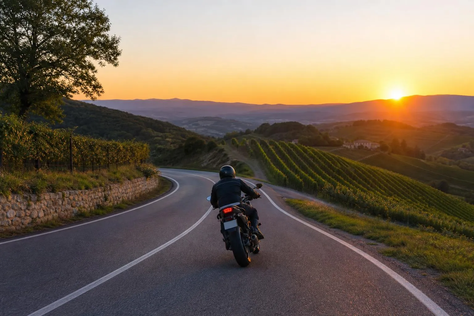 Motard sur une route sinueuse au coucher de soleil dans un paysage viticole.