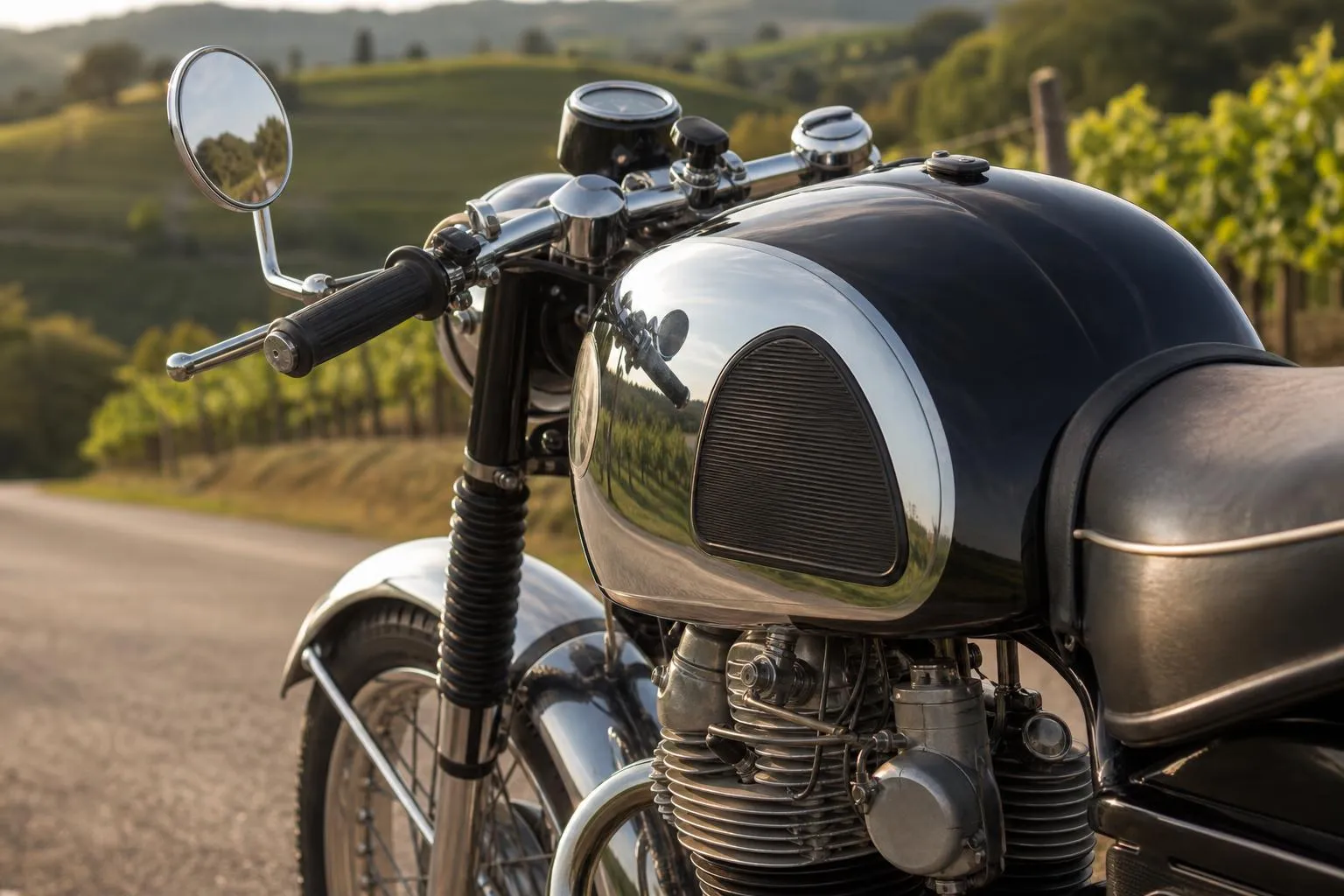 Moto vintage noire et chrome dans un paysage viticole.