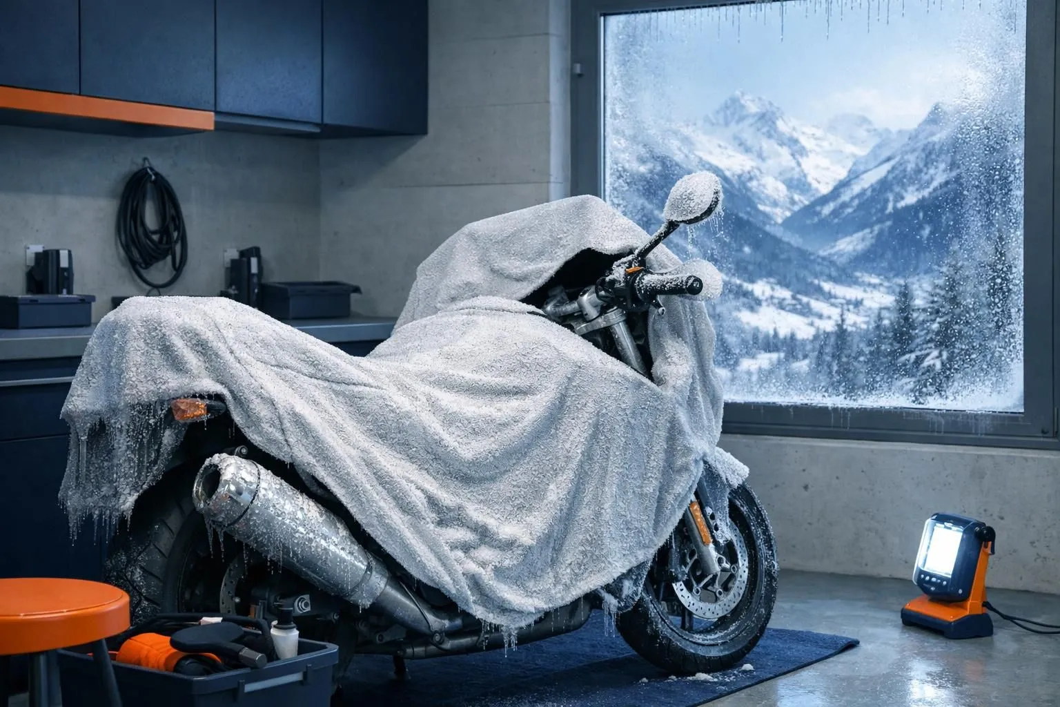 Une moto protégée de l'hiver dans un garage chauffé, avec de la condensation sur les pièces métalliques, un paysage de montagne suisse visible à travers une fenêtre givrée, sous un éclairage bleu froid soulignant les conditions hivernales.