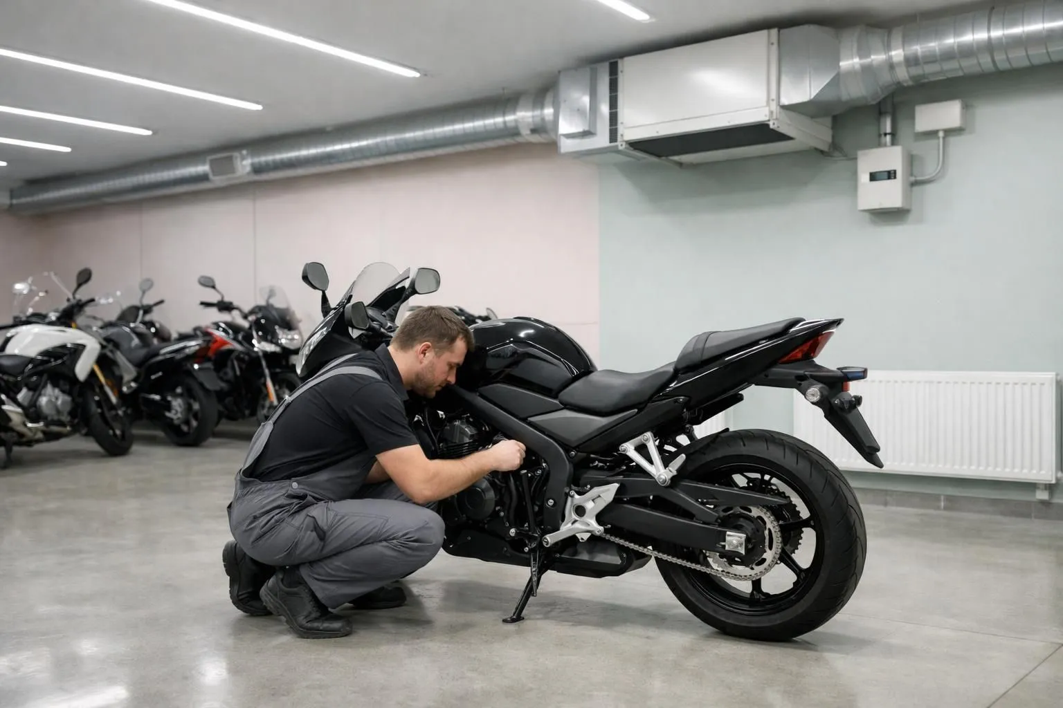 Entrepôt chauffé pour motos en Suisse avec éclairage LED professionnel et système de climatisation visible sur les murs.