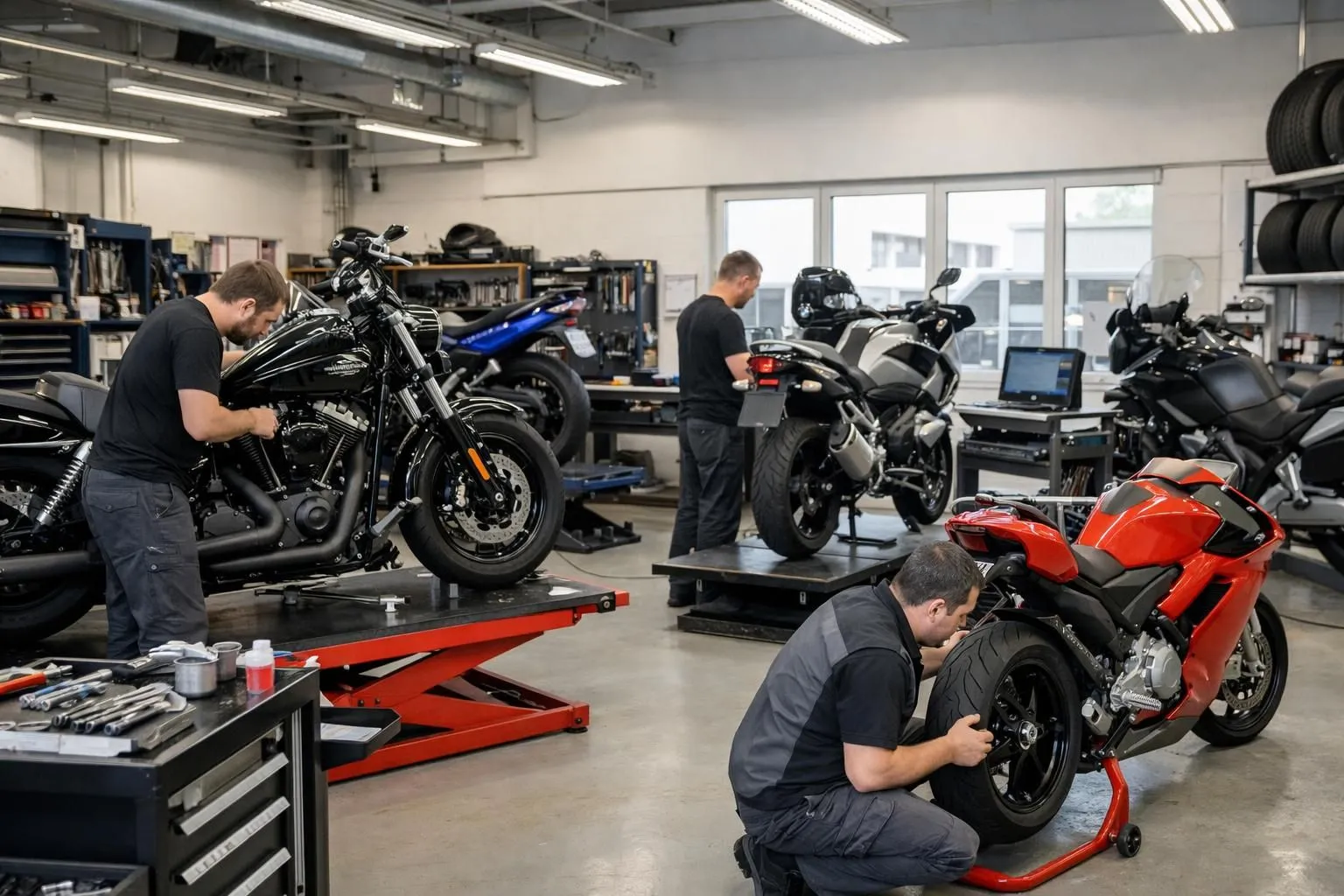 Atelier de réparation de motos professionnelle dans la région de Fribourg, montrant des mécaniciens travaillant sur différentes marques de motos, dont Harley-Davidson, BMW, Yamaha et Ducati, avec des outils spécialisés et un équipement de diagnostic visible, dans une atmosphère