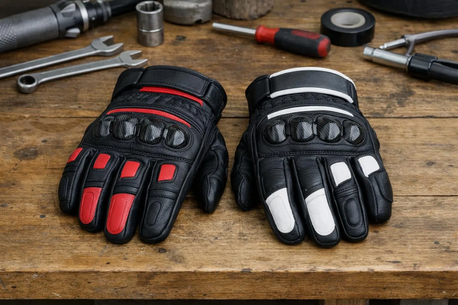 Gros plan comparatif de deux gants de moto sur un établi en bois montrant les différences de qualité du cuir et les protections pour les phalanges dans un atelier avec des outils en arrière-plan.