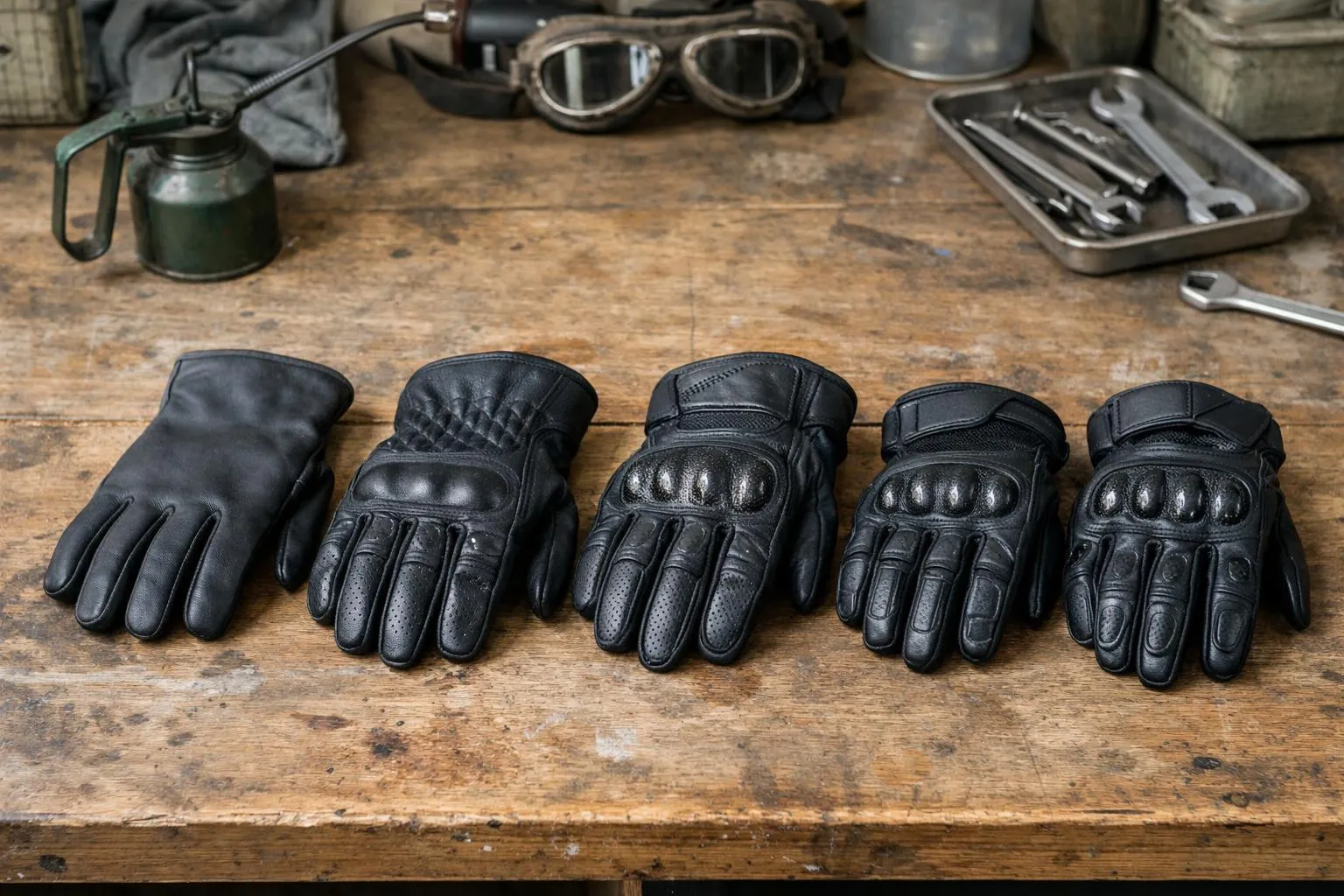 Quatre paires de gants de moto vintage disposés dans l'ordre croissant de la qualité, du cuir basique aux modèles haut de gamme, montrant les différences de couture et de matériaux, photographiés sur une table d'atelier avec un éclairage naturel.