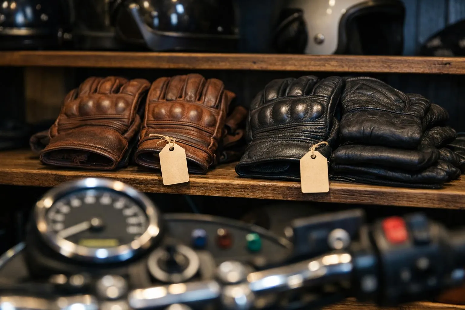 Un magasin d'équipements moto avec des étiquettes de prix et des gants en cuir exposés sur des étagères, mettant en évidence la structure tarifaire des gants Helstons de style vintage.