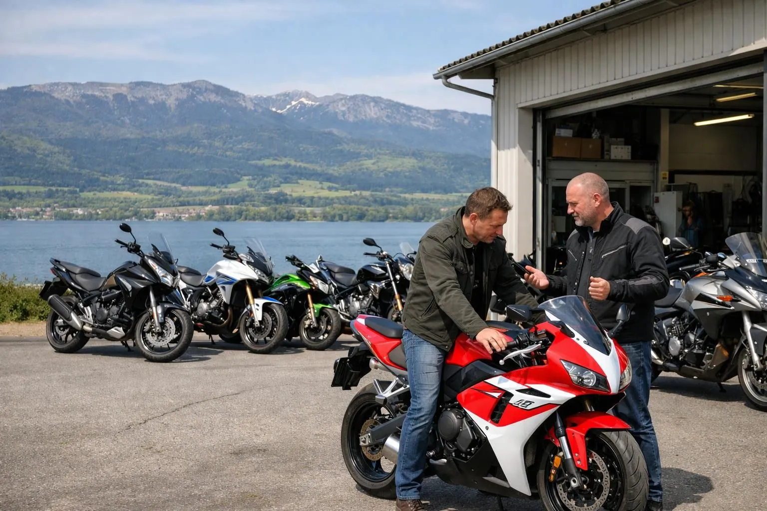Un concessionnaire de motos pittoresque dans la région suisse de Romandie, avec plusieurs motos d'occasion exposées devant un atelier près du lac de Neuchâtel, les montagnes du Jura en arrière-plan, un client inspectant une moto de sport tout en discutant avec un concessionnaire local,