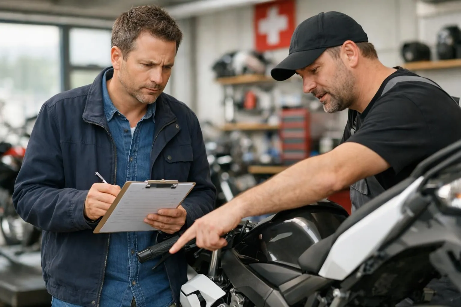 Un acheteur inquiet examine une moto d'occasion avec une liste de contrôle à la main, debout dans un atelier de moto en Suisse, un mécanicien pointant diverses pièces de la moto, photo réaliste montrant l'attention aux détails lors de l'inspection, éclairage neutre, style
