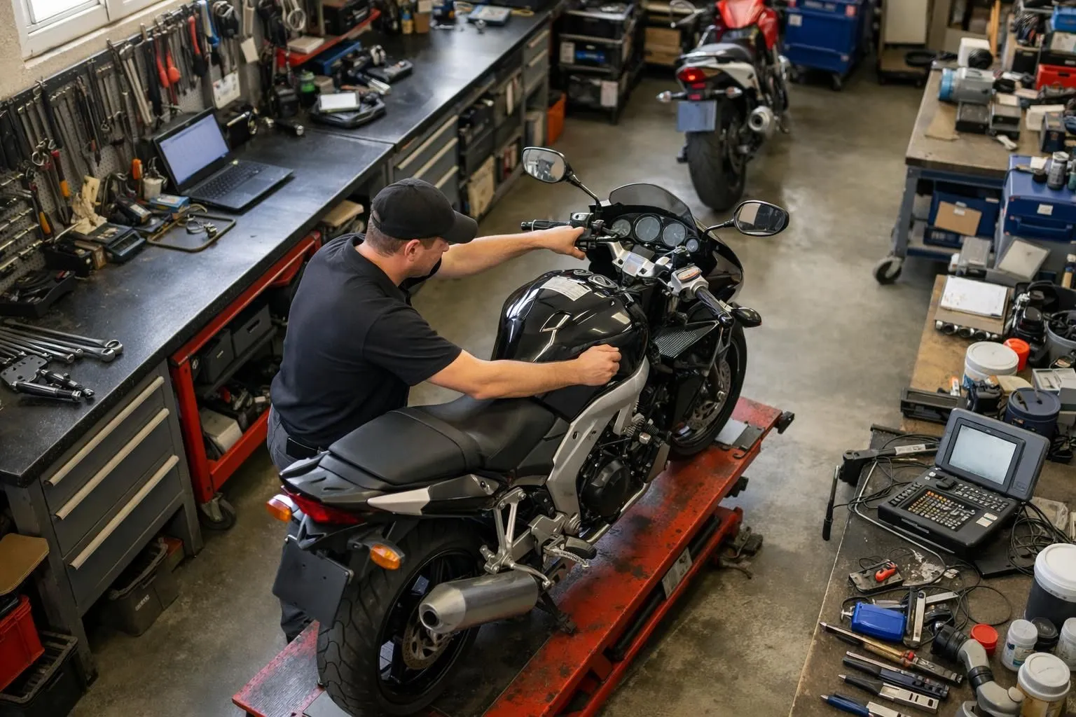 Un atelier de moto en Suisse romande où un mécanicien inspecte et prépare une moto d'occasion pour la vente, avec des outils, du matériel de diagnostic et des pièces de rechange visibles sur les établis, sous la lumière naturelle des fenêtres.