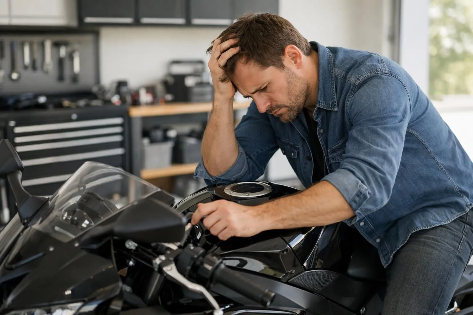 Un motocycliste frustré dans un garage moderne, penché sur sa moto de sport qui ne démarre pas, la main sur la clé de contact, une boîte à outils visible à l'arrière-plan, photographie réaliste, lumière naturelle du matin.