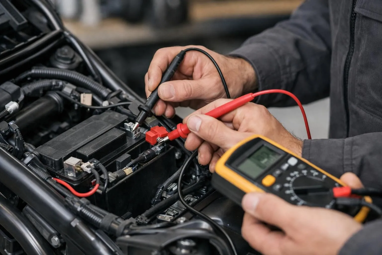 Les mains d'un mécanicien tenant des sondes de multimètre numérique contre les bornes de la batterie d'une moto dans un atelier, affichant la lecture de tension sur l'écran, avec un éclairage réaliste et des connexions électriques clairement visibles.