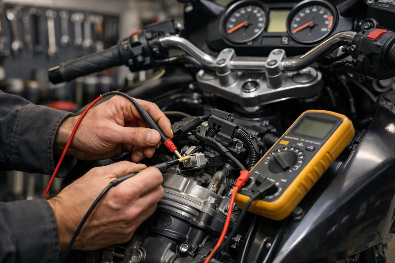 Un mécanicien de moto utilise un multimètre numérique pour tester les connexions électriques de l'alternateur sur un moteur de moto moderne, dans un atelier avec des outils en arrière-plan.