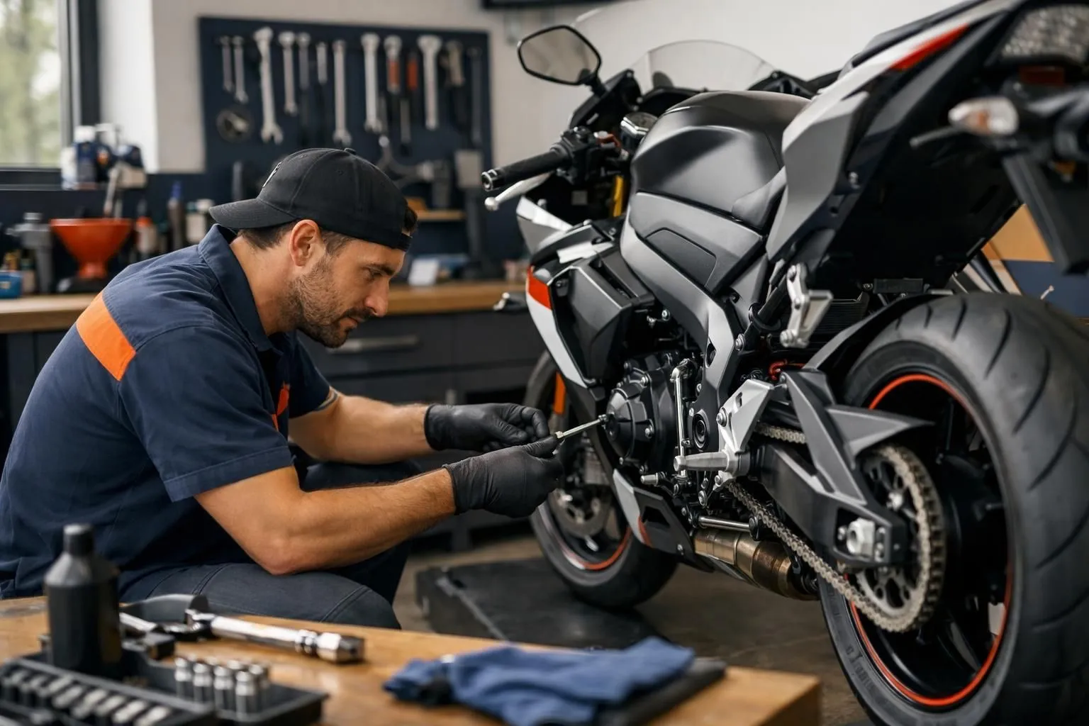 Mécanicien moto inspectant la tension de la chaîne et vérifiant le niveau d'huile sur une moto de sport moderne dans un atelier professionnel, outils et équipement de maintenance visibles sur l'établi, éclairage naturel de l'atelier.