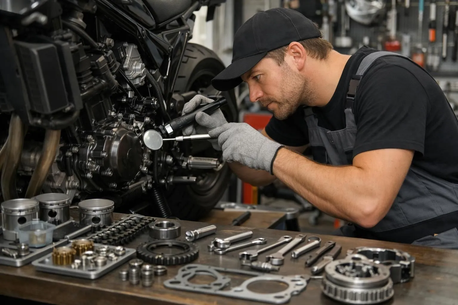 Un mécanicien de moto effectuant une inspection détaillée du moteur avec des outils spécialisés et des pièces de rechange organisées sur un établi lors d'une révision de service majeure dans un atelier professionnel.