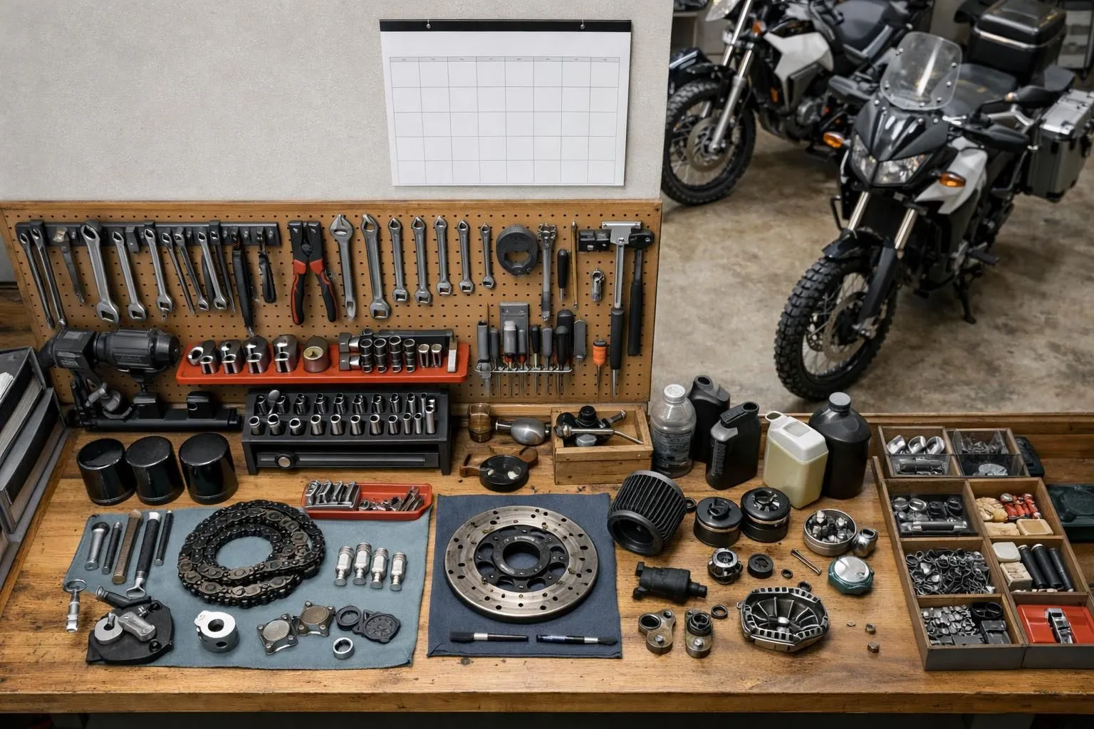 Calendrier d'entretien de moto affiché sur le mur de l'atelier, outils et pièces de rechange organisés, motos en stockage hivernal visibles à l'arrière-plan.