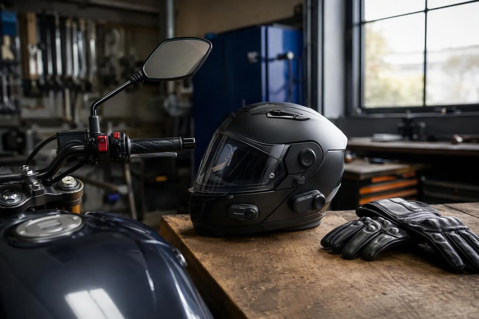 Casque noir et gants de moto posés près d’une motocyclette.