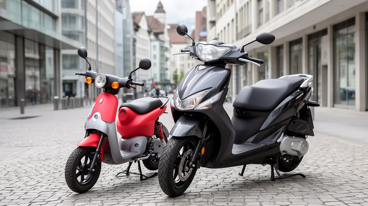 Deux scooters électriques de couleurs différentes sur une rue pavée.