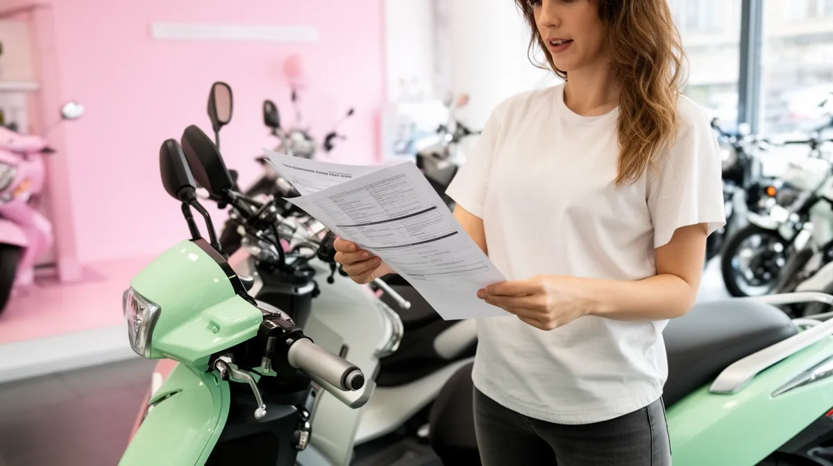 Jeune femme examinant des documents près d'une moto verte.