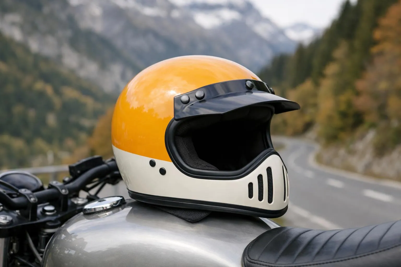 Casque de moto vintage jaune et blanc sur une moto.