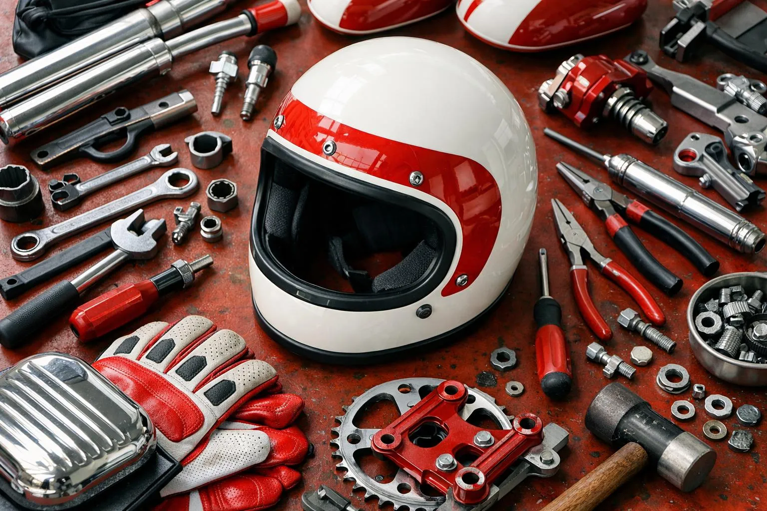 Équipement de moto, casque, gants et outils de réparation.