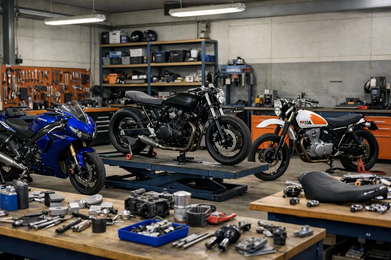 Atelier professionnel de customisation moto montrant quatre motos Yamaha à différents stades de transformation, avec outils mécaniques, pièces chromées et échappements Akrapovic disposés sur établis, éclairage industriel moderne, ambiance garage suisse
