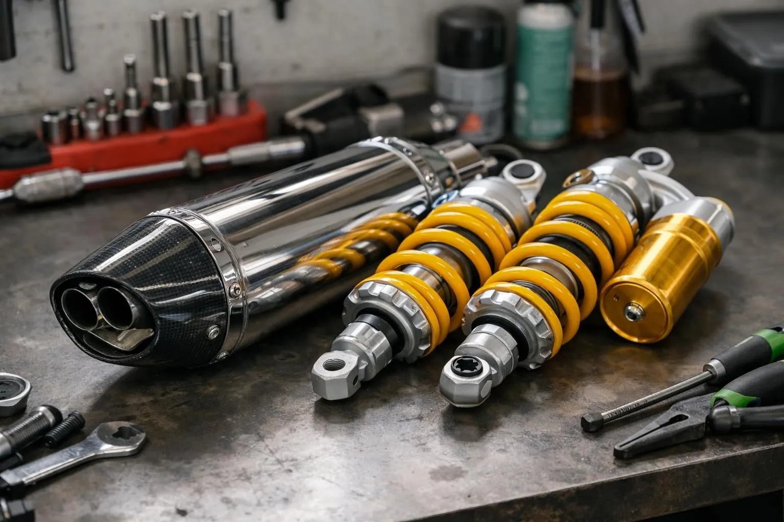 Gros plan sur établi d'atelier moto avec comparaison visuelle: d'un côté échappement Akrapovic premium chromé avec logo visible, de l'autre échappement aftermarket basique, outils professionnels autour, éclairage atelier réaliste, pas de texte ni étiquette de prix