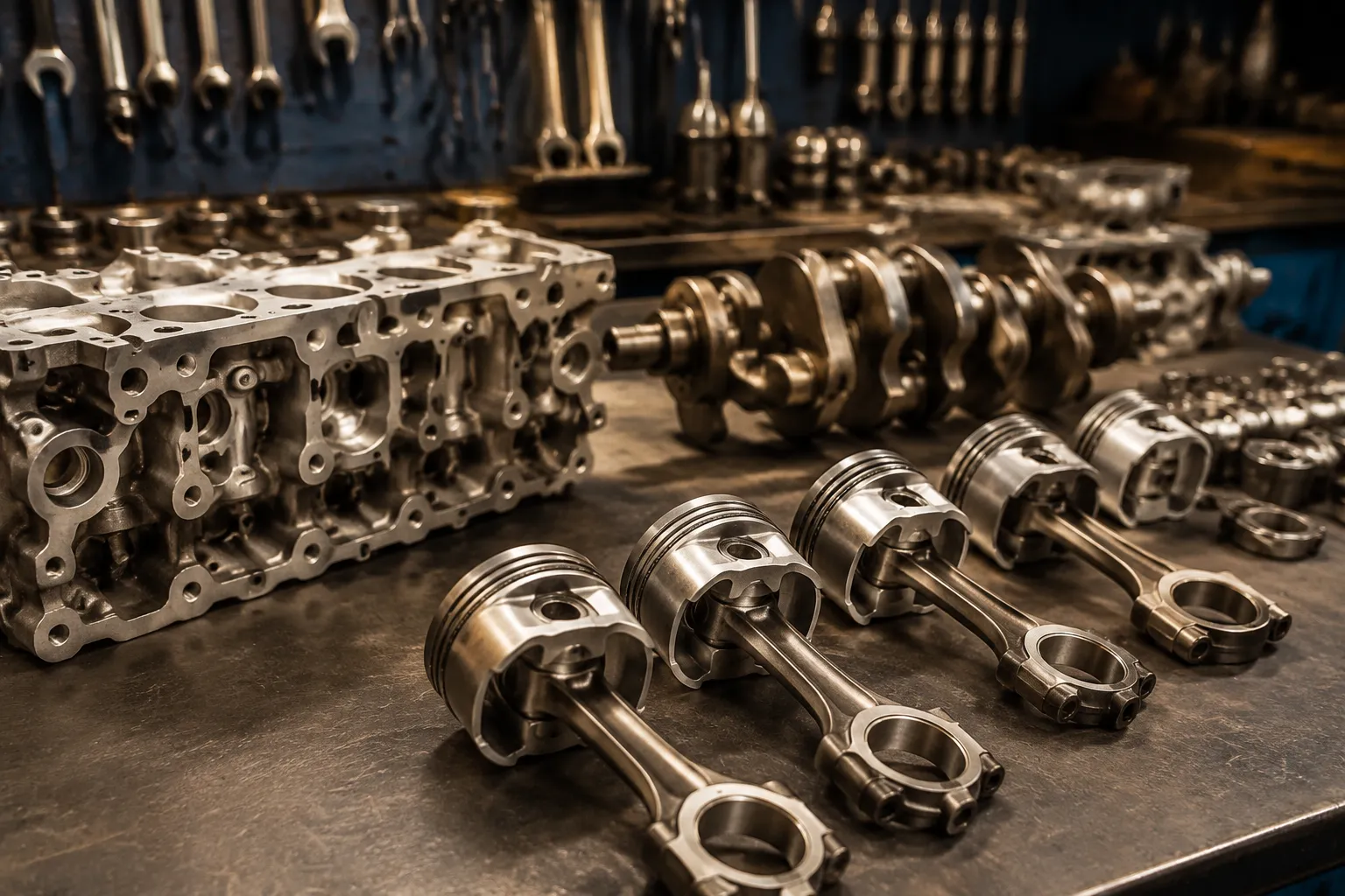 Pièces de moteur en métal, gros plan sur les composants.