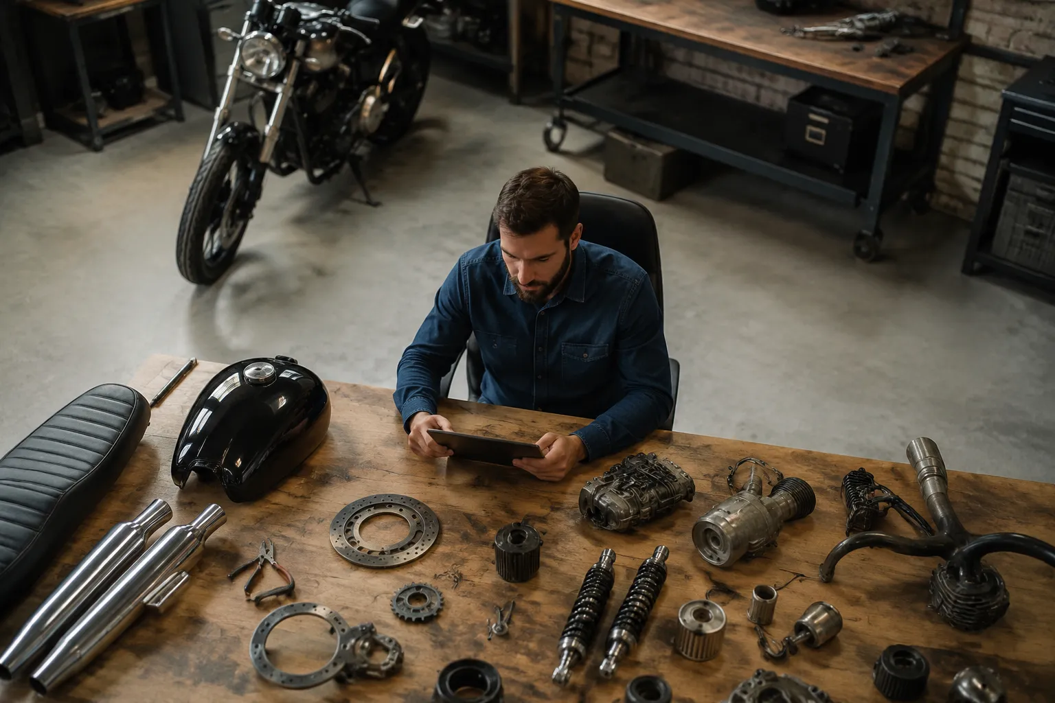 Mécanicien réparant une moto dans son atelier.