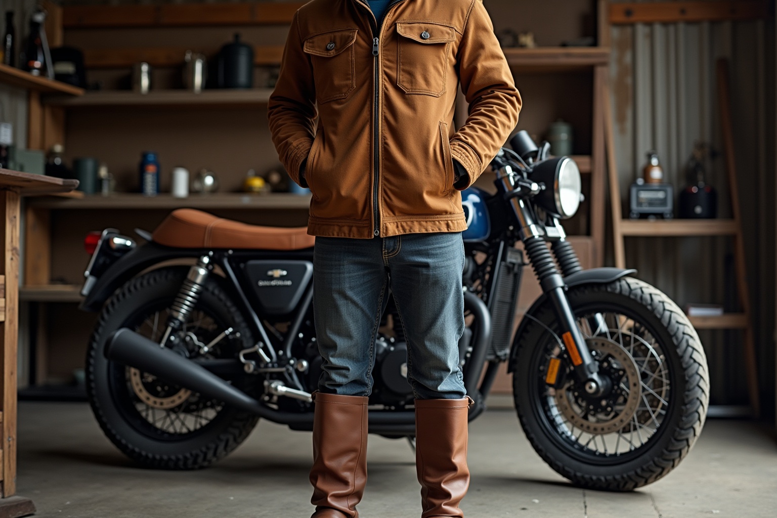 Homme en veste marron, moto noire vintage dans un garage.