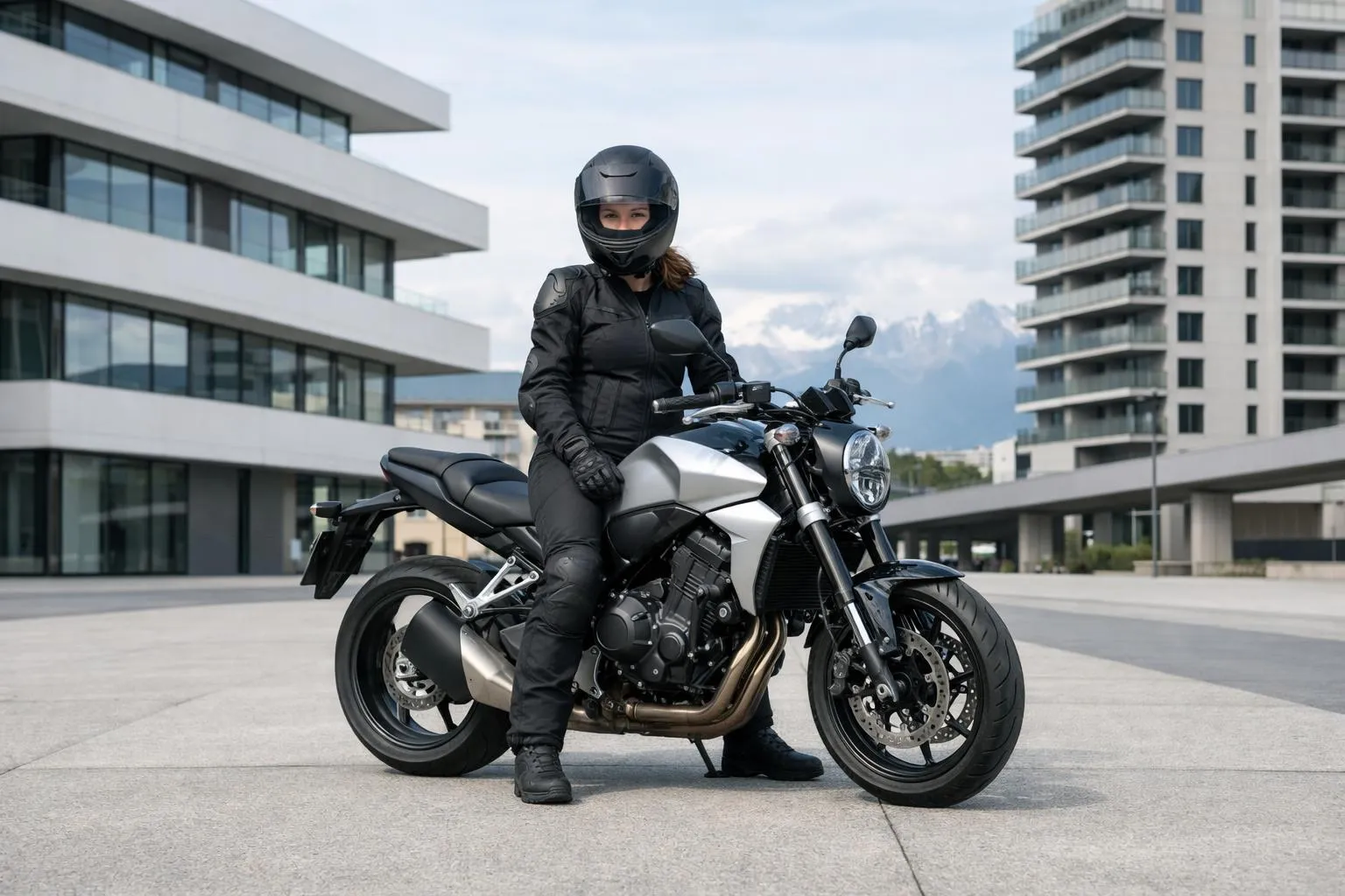 Femme en tenue de moto sur une moto noire et grise.