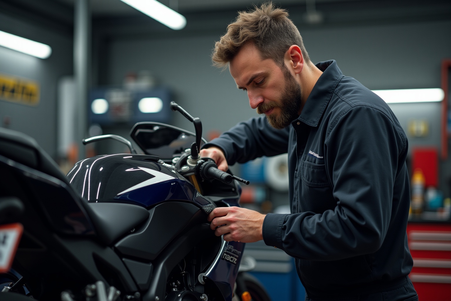 Mécanicien réparant une moto noire et bleue dans un atelier.