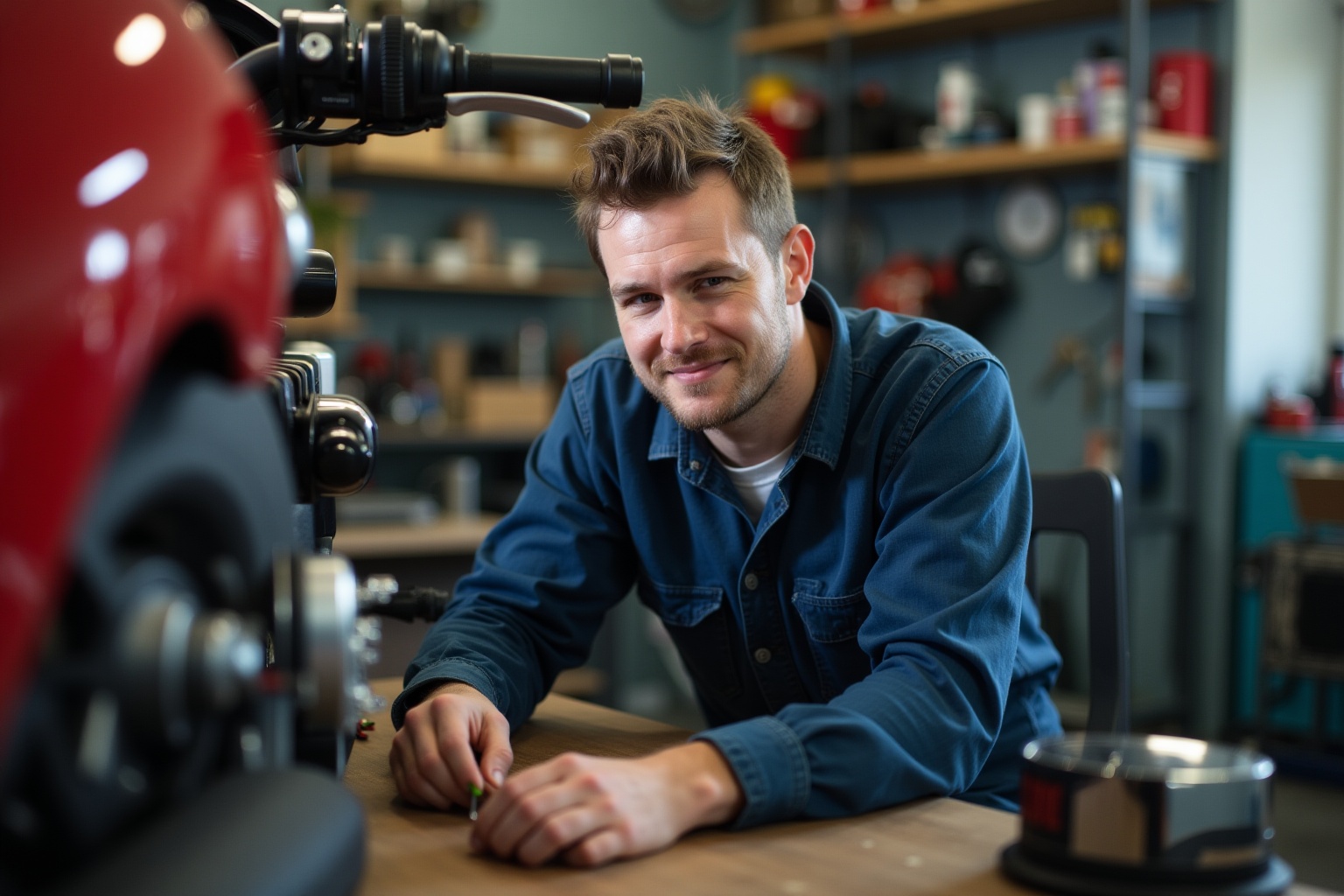 Homme souriant dans un atelier de réparation automobile.