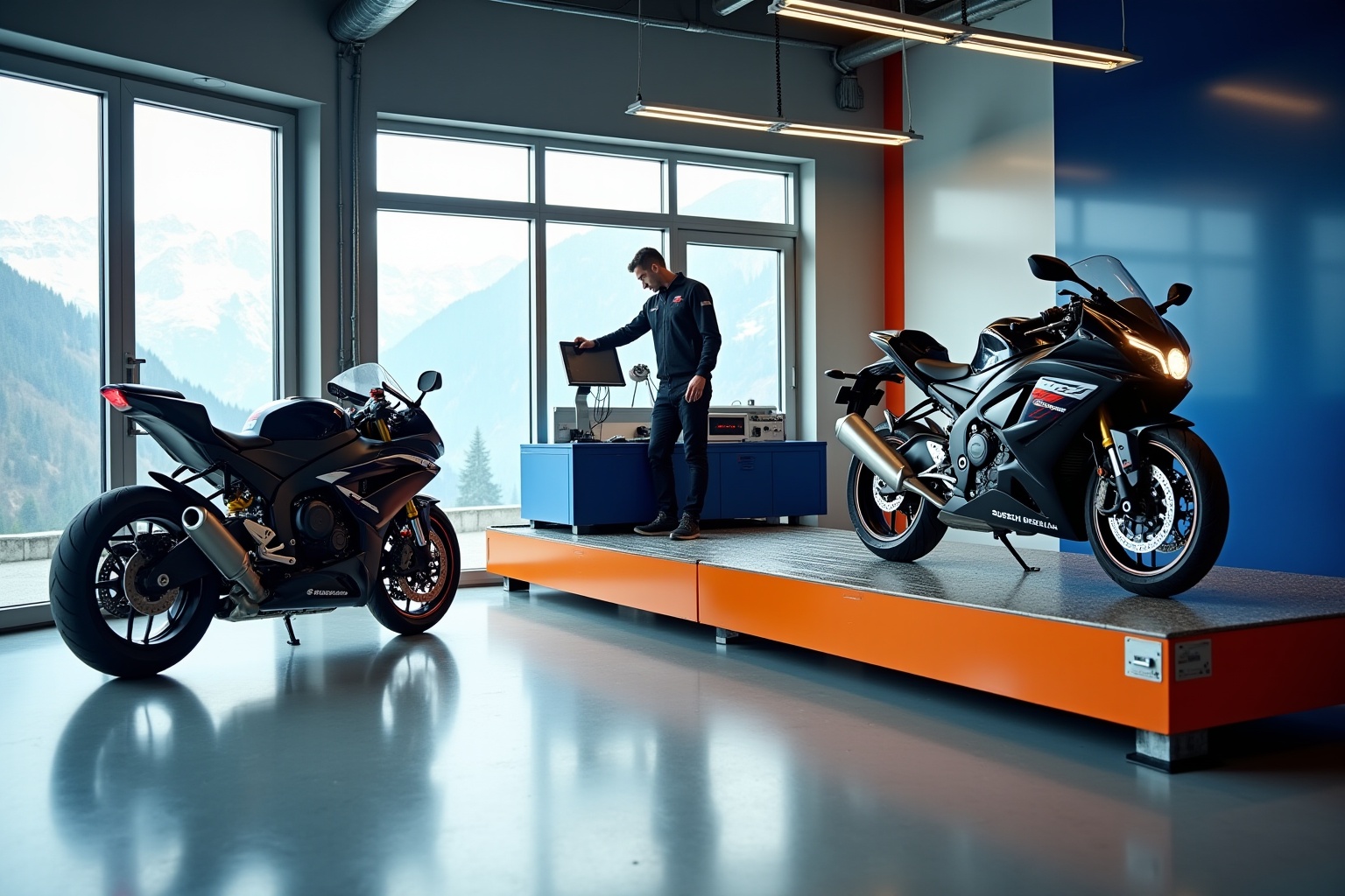 Deux motos sportives Suzuki GSX-R dans un showroom avec un homme travaillant sur un ordinateur.