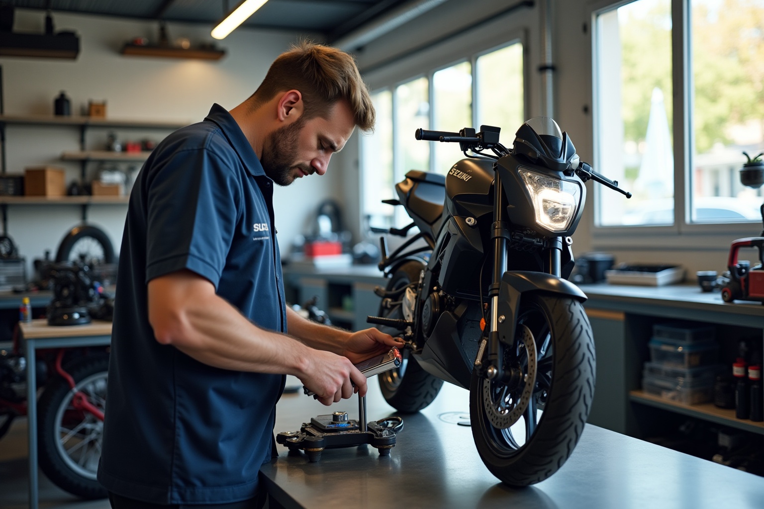 Mécanicien réparant une moto Suzuki dans un atelier.