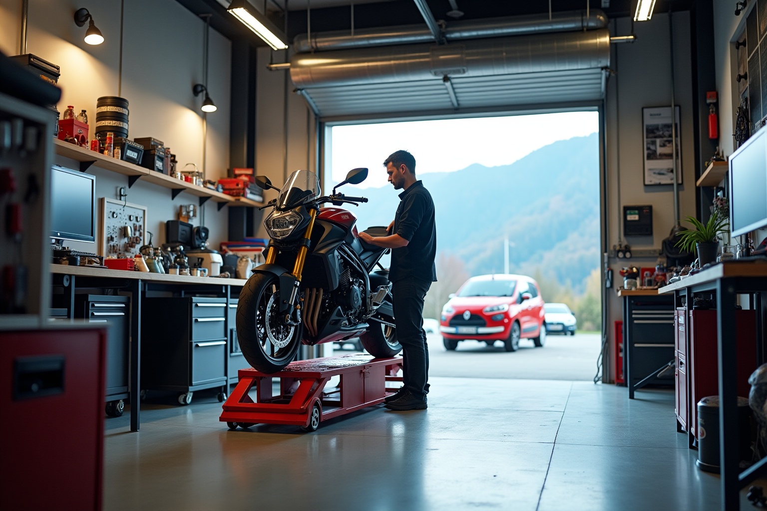 Atelier de mécanique avec moto de sport et voiture rouge à l'extérieur.
