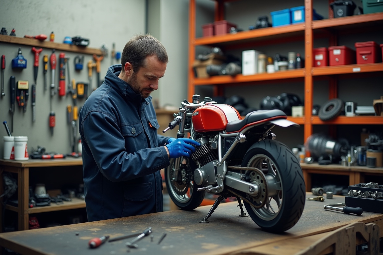 Mécanicien réparant une moto vintage dans un atelier bien équipé.