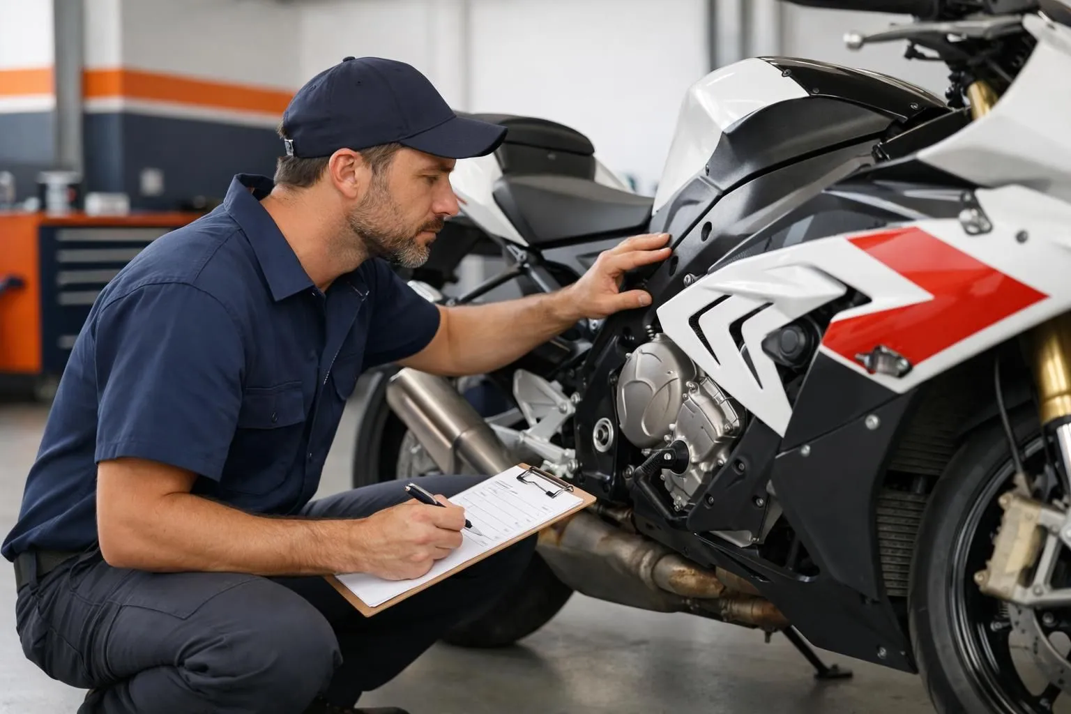 Un mécanicien de moto effectue une inspection détaillée d'une moto de sport d'occasion dans un garage professionnel, examinant le moteur et le cadre avec un presse-papiers visible, sous un éclairage naturel d'atelier, dans un cadre suisse.