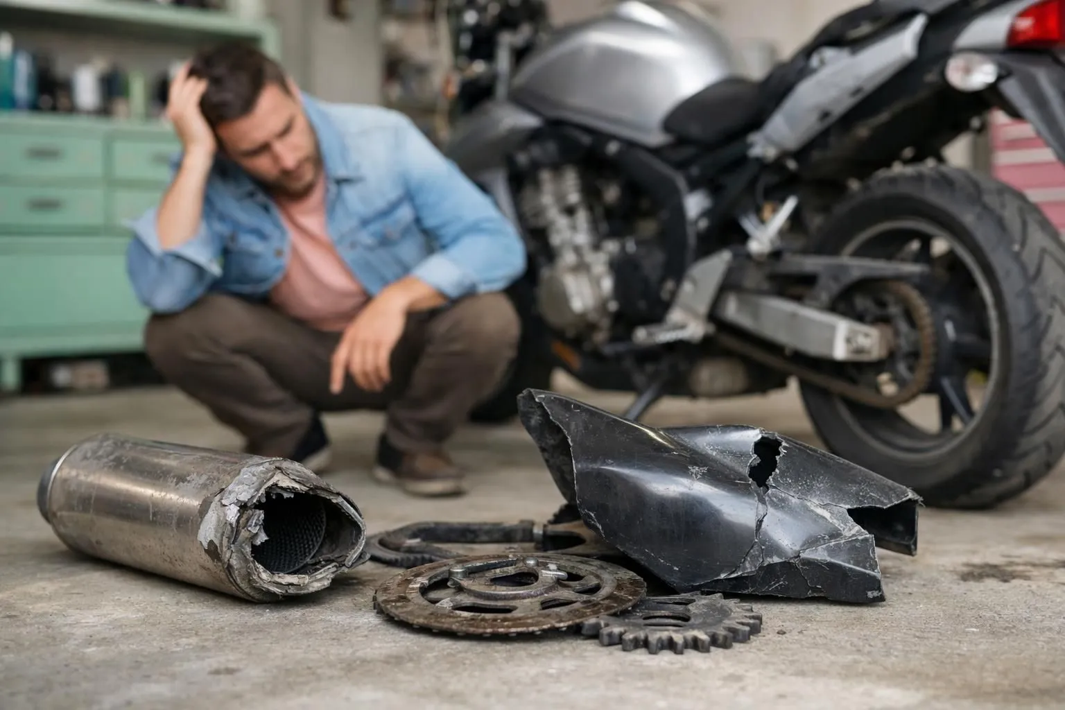 Un motocycliste anxieux examine des pièces de moteur corrodées et des composants de moto endommagés éparpillés sur le sol de l'atelier, une scène d'échec d'inspection et de regret de l'acheteur dans un garage suisse.